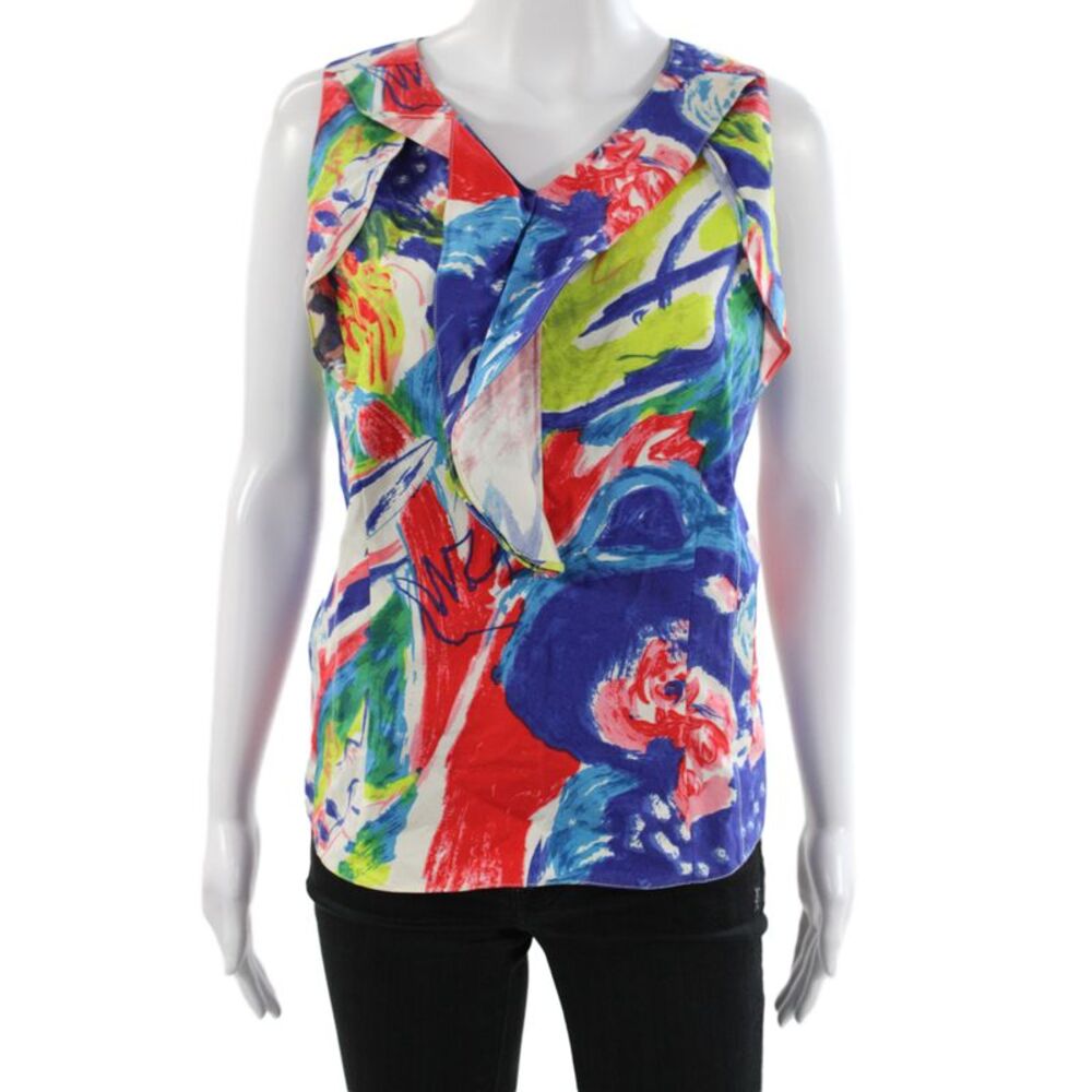 Marni Womens Tunic Blouse Sleeveless V-Neck Blue Floral Cotton Size 40